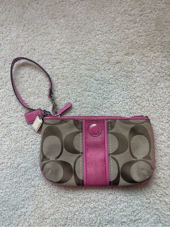 Coach Handbags - Coach Brown Tan Signature Canvas Wristlet Mini Purse Bag with Pink Trim